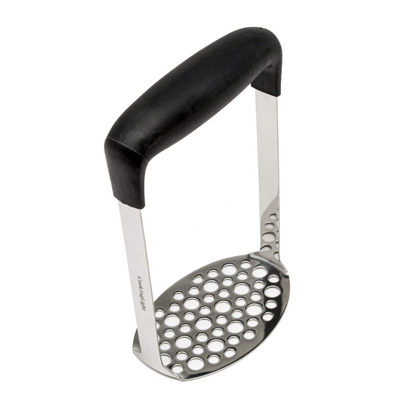 Cooking Light Heavy Duty Stainless Steel Masher, Broad and Ergonomic Horizontal, Fine Plate for Smooth Mashed Potatoes, Soft Grip and Non-Slip Handle, Black - Image 1